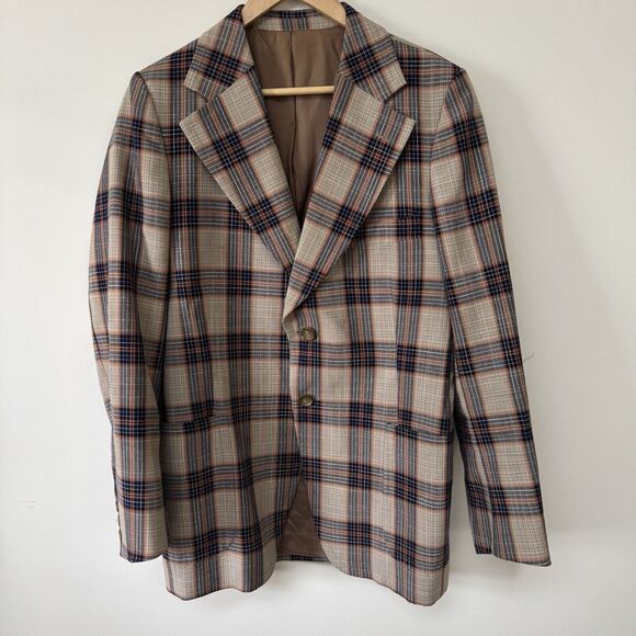 Tissu Sport Coat Suit Jacket Mens 38R Madras Plaid Made in France Single Breast